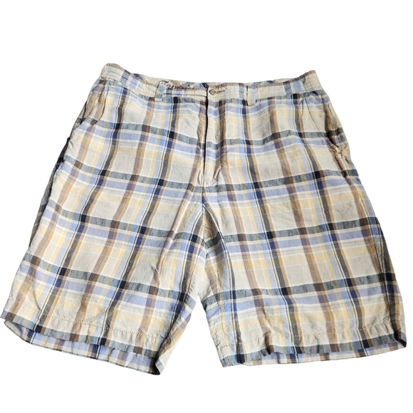 Tommy Bahama men's yellow blue black  plaid linen silk blend shorts - Picture 1 of 9